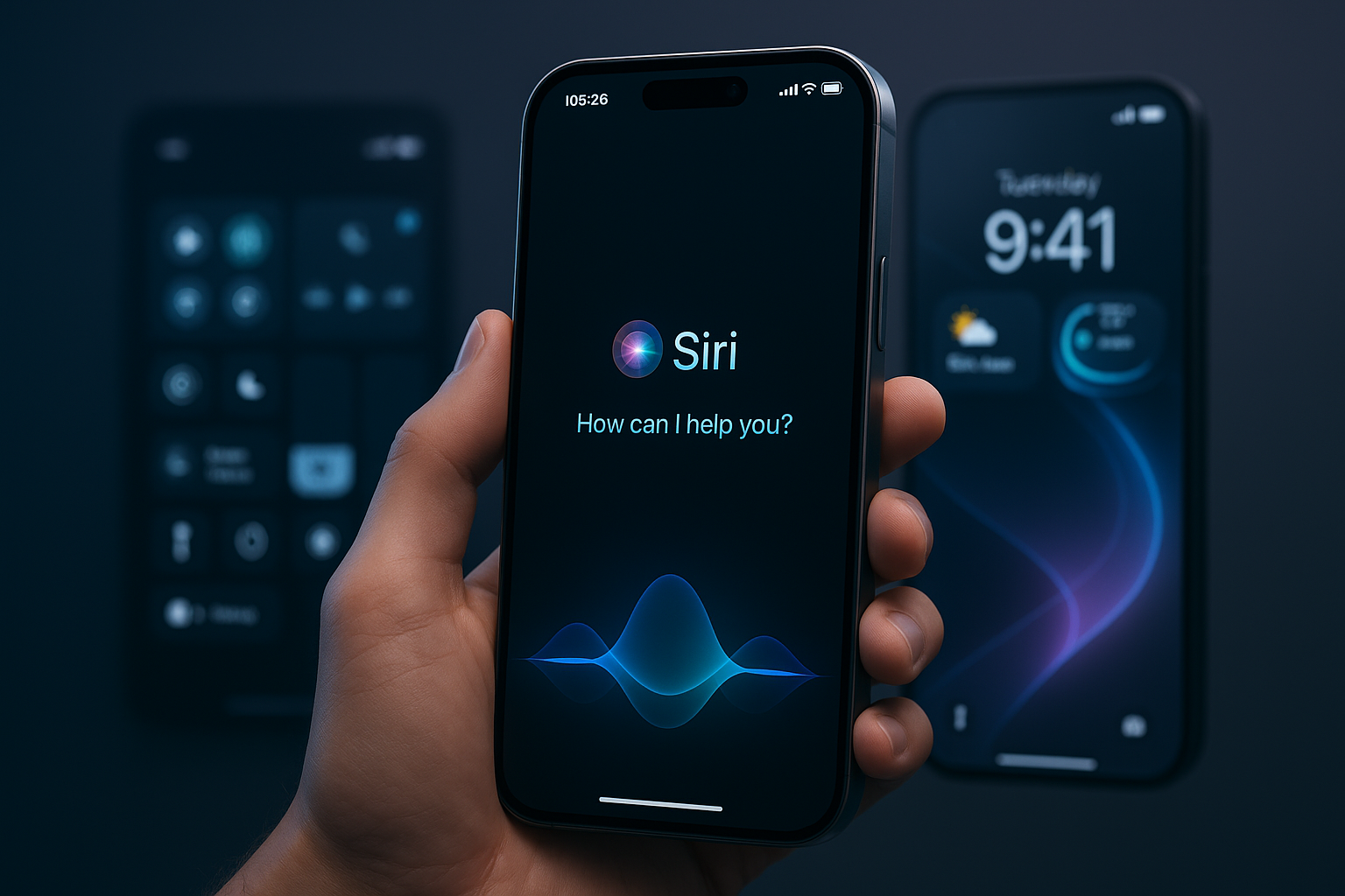 iPhone 15 Pro Max showing iOS 26 Siri UI with blurred background.